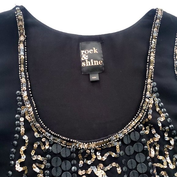 Sequuned Dressy Black Tank Top Blouse Vents Silver Champagne Gold Dark Fairy - Picture 2 of 8